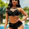 Lace Up Mesh Stitching Flounce Bikini Set