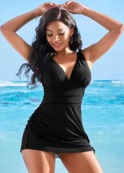 Tie Side Shirred V Neck Solid Swimdress And Panty 8 Tie Side Shirred V Neck Solid Swimdress And Panty -Elegance Swimwear Store 265245 P 16225107574023