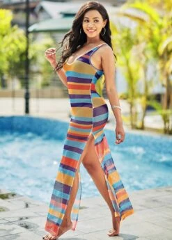 Rainbow Stripe Side Slit Cover Up -Elegance Swimwear Store 265612 P 16143331276170