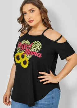 Plus Size Strappy Cold Shoulder Sunflower Print T Shirt 6 Plus Size Strappy Cold Shoulder Sunflower Print T Shirt -Elegance Swimwear Store 266058 P 16182887372022