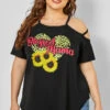 Plus Size Strappy Cold Shoulder Sunflower Print T Shirt