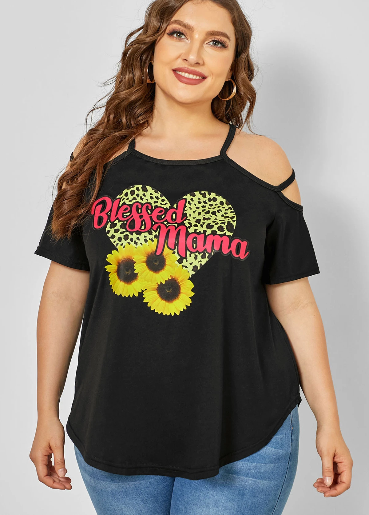 Plus Size Strappy Cold Shoulder Sunflower Print T Shirt 1 Plus Size Strappy Cold Shoulder Sunflower Print T Shirt