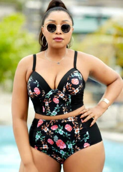 Plus Size Floral Print High Waisted Bikini Set