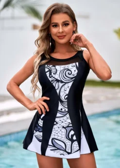 Printed Cutout Back Round Neck Swimdress And Panty -Elegance Swimwear Store 266511 P 16156865225533