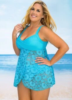 Lace Stitching Crossover Hem Plus Size Swimdress And Panty -Elegance Swimwear Store 267604 P 16227687494412