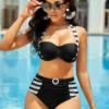 Tie Back High Waist Decorative Button Bikini Set