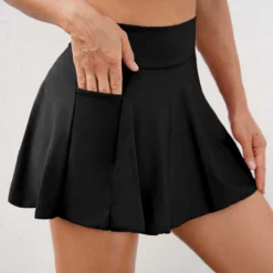 High Waisted Pocket Black Pleated Hem Swim Skirt