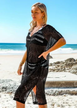 Side Slit Black V Neck Cover Up -Elegance Swimwear Store 269157 P 16202775541893