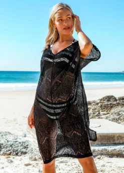 Side Slit Black V Neck Cover Up -Elegance Swimwear Store 269157 P 16202775549330