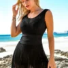 Lace Stitching Criss Cross Back Black Swimdress And Shorts