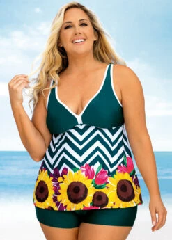Plus Size Floral And Chevron Print Wide Strap Tankini Set -Elegance Swimwear Store 270505 P 16225170351094