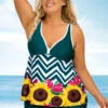 Plus Size Floral And Chevron Print Wide Strap Tankini Set