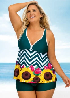 Plus Size Floral And Chevron Print Wide Strap Tankini Set