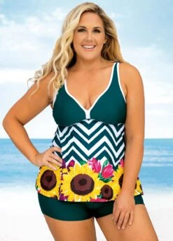 Plus Size Floral And Chevron Print Wide Strap Tankini Set -Elegance Swimwear Store 270505 P 16225170355923