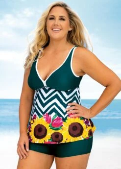 Plus Size Floral And Chevron Print Wide Strap Tankini Set -Elegance Swimwear Store 270505 P 16225170355972