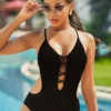 Lace Up Cross Strap Solid One Piece Swimwear