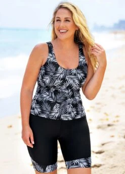Plus Size Leaf Print Wide Strap Tankini Set