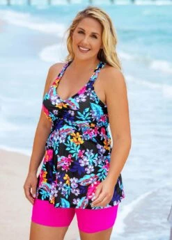 Plus Size Floral Print Cross Strap Tankini Set -Elegance Swimwear Store 271060 P 16206979600494
