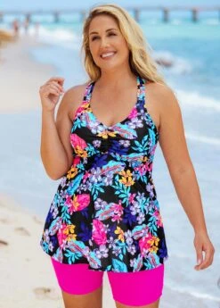 Plus Size Floral Print Cross Strap Tankini Set