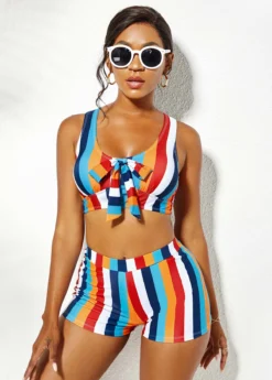 Rainbow Stripe High Waisted Bowknot Bikini Set -Elegance Swimwear Store 272185 P 16215953472663