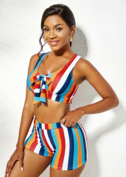 Rainbow Stripe High Waisted Bowknot Bikini Set -Elegance Swimwear Store 272185 P 16215953474652