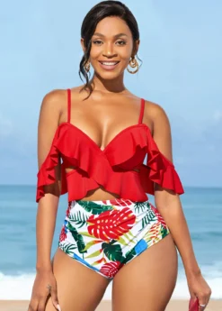 High Waisted Spaghetti Strap Flounce Bikini Set -Elegance Swimwear Store 272543 P 16248752142833