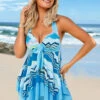 Asymmetric Hem Layered Chevron Print Halter Swimdress And Shorts
