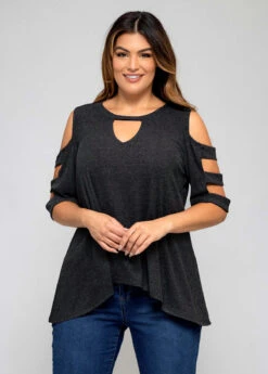 Plus Size Ladder Cutout Solid T Shirt -Elegance Swimwear Store 273032 P 16267459693373