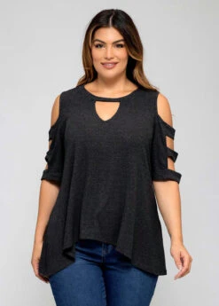 Plus Size Ladder Cutout Solid T Shirt