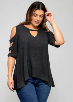 Plus Size Ladder Cutout Solid T Shirt -Elegance Swimwear Store 273032 P 16267459695592