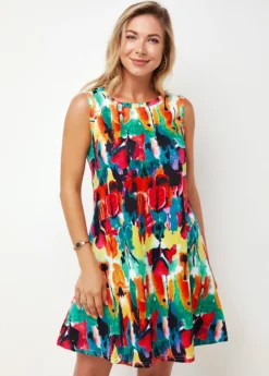 Round Neck Printed Multi Color A Line Dress