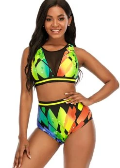 High Waist Mesh Stitching Printed Bikini Set