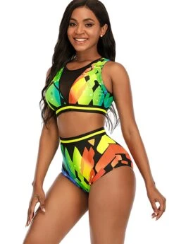 High Waist Mesh Stitching Printed Bikini Set -Elegance Swimwear Store 273288 P 1619586080092