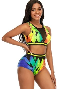 High Waist Mesh Stitching Printed Bikini Set -Elegance Swimwear Store 273288 P 1619586080885