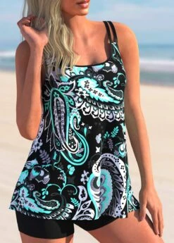 Cyan Paisley Print Spaghetti Strap Tankini Set -Elegance Swimwear Store 273874 P 1620374211225