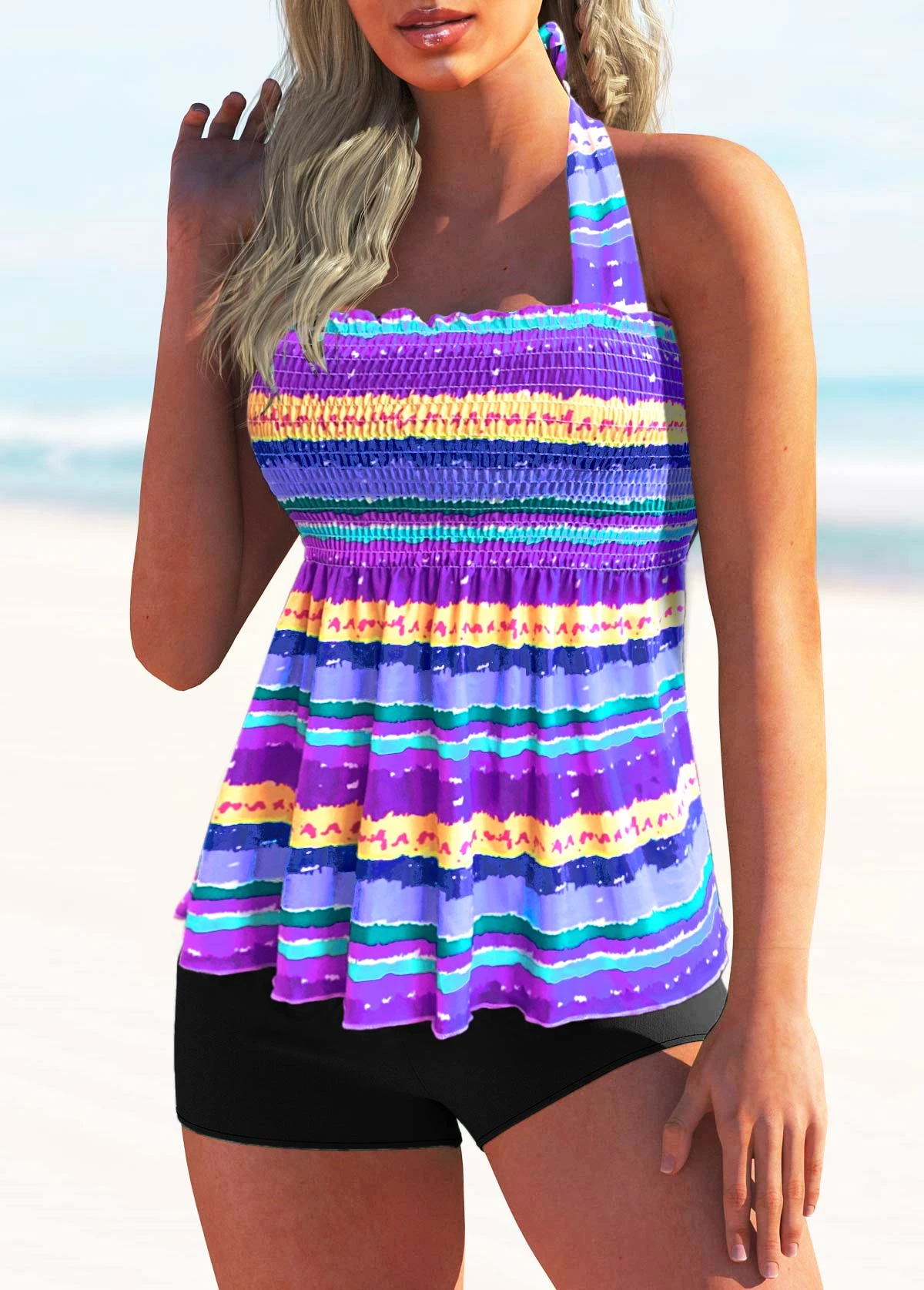 Tie Back Rainbow Stripe Smocked Tankini Set 3 Tie Back Rainbow Stripe Smocked Tankini Set - Image 3