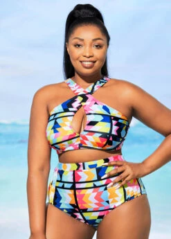 Plus Size High Waisted Geometric Print Bikini Set