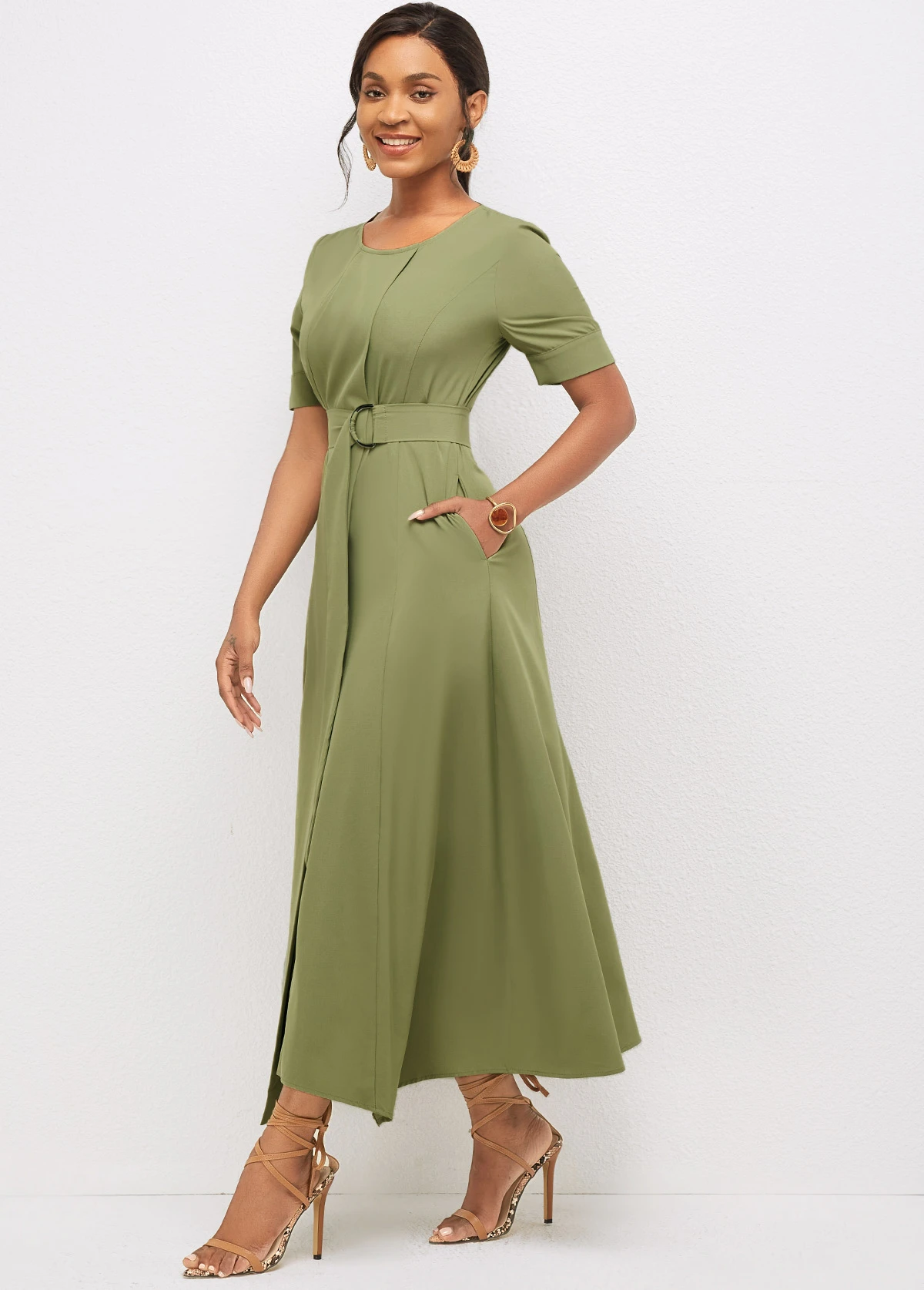 Round Neck Asymmetric Hem Solid Dress 3 Round Neck Asymmetric Hem Solid Dress - Image 3