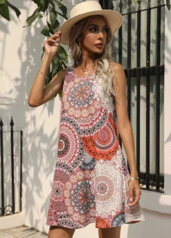 Sleeveless Round Neck Printed Double Pocket Dress