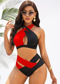 Contrast Cross Strap High Waist Bikini Set -Elegance Swimwear Store 277477 P 16754139965043