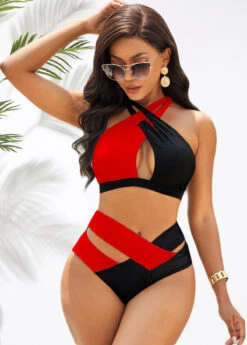 Contrast Cross Strap High Waist Bikini Set