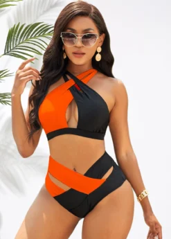 Orange High Waisted Cross Strap Bikini Set -Elegance Swimwear Store 277800 P 16243252540652
