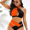 Orange High Waisted Cross Strap Bikini Set