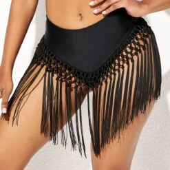 Tassel Detail Mid Waist Solid Bikini Bottom -Elegance Swimwear Store 277811 P 16258253217203