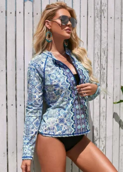 Quarter Zip Printed Long Sleeve Cover Up -Elegance Swimwear Store 277875 P 16269313378113