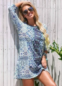 Printed Round Neck 3/4 Sleeve Cover Up -Elegance Swimwear Store 277880 P 16269313107672