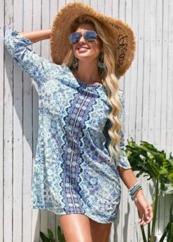 Printed Round Neck 3/4 Sleeve Cover Up -Elegance Swimwear Store 277880 P 16269313113084