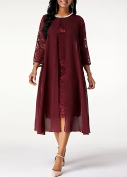 Chiffon Lace Stitching Pearl 3/4 Sleeve Dress