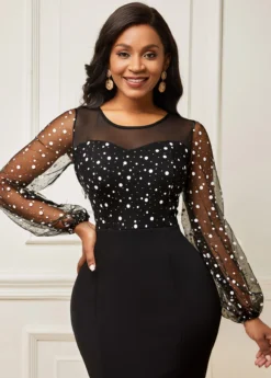 Long Sleeve Round Neck Mesh Stitching Dress -Elegance Swimwear Store 282592 P 16339287212424