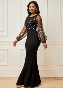 Long Sleeve Round Neck Mesh Stitching Dress -Elegance Swimwear Store 282592 P 16339287216512